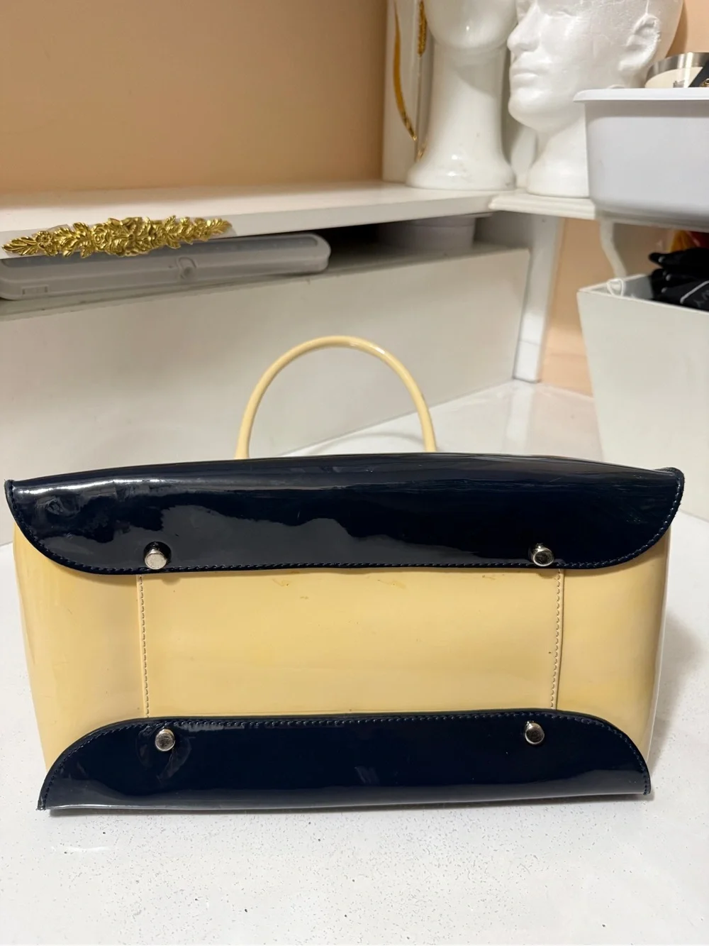 L.K Baanet Italian Patent Navy and Cream Tote Handbag